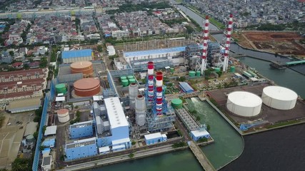 Aerial view of thermal power station at industrial site in North Jakarta, Indonesia