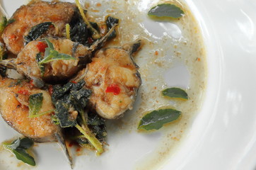 Spicy Fried Catfish with basil food in thai
