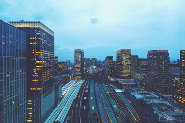 Aerial view of Tokyo Station at twilight