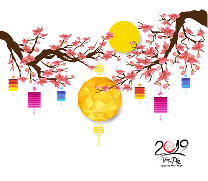 Oriental Chinese New Year 2019 cherry blossom background with polygonal lantern