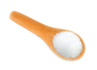 sugar in wood spoon on white background