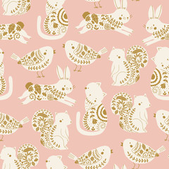 garden animals vector seamless pattern. Kids pink background with cute animals, birds and plants - 209511217