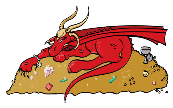 Red Cartoon Dragon Hoarding Gold and Gems