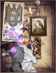 Gordijnen Pierrot& 39 s masker in een mysterieus en betoverd interieur © Rosario Rizzo
