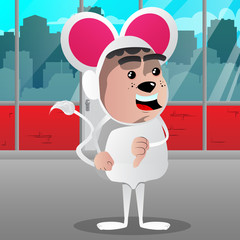 Boy dressed as mouse showing dislike hand sign. Vector cartoon character illustration.