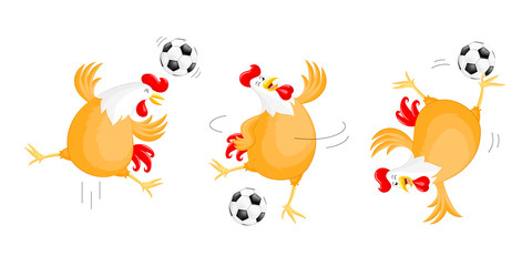 Set of happy chicken playing football. Mascot character, sport concept. Illustration isolated on white background.