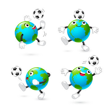 Set of cute cartoon globe playing football. Mascot character, sport concept. Illustration isolated on white background.