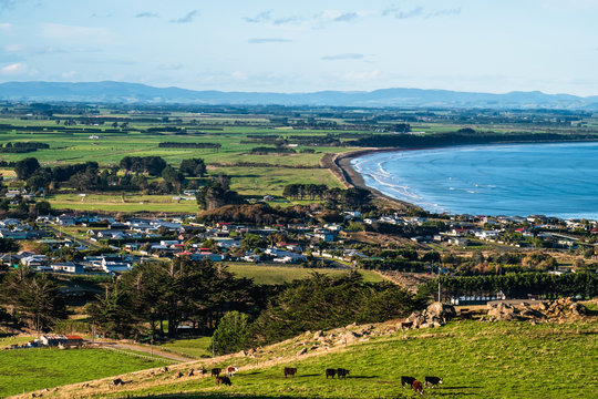 View of Riverton, Southern, New Zealand. Town and agriculture.