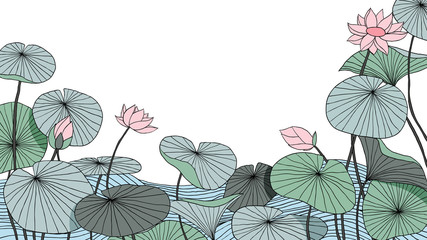Fototapeta na wymiar Hand drawn lotus flowers with leaves on water background