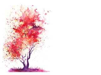 Abstract red tree with a crown of multi-colored splashes. Hand-Drawn Watercolor on a paper Illustration