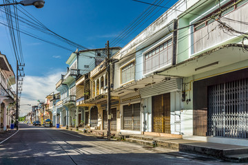 Fototapeta na wymiar Sino-Portuguese Architecture of old buildings in Takua Pa town. These buildings have been constructed more than hundred years and this architectural style is European mixed with Chinese modern.