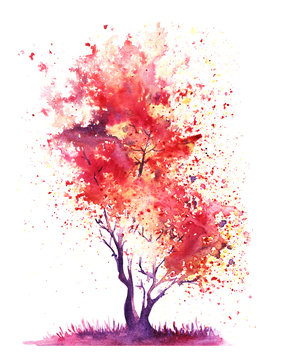Abstract red tree with a crown of multi-colored splashes. Hand-Drawn Watercolor on a paper Illustration