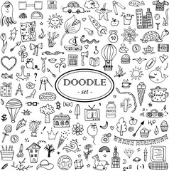 Monochrome hand-drawn doodle set for design. 139 elements.