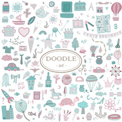 Colorful hand-drawn doodle set for design. 139 elements.