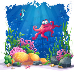 Underwater octopus, coral and colorful reefs and algae on sand