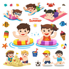 Set vector design element for summer season. Happy kids playing on the beach and swimming. Let's enjoy summer.
