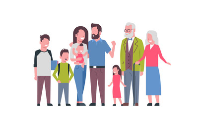Fototapeta premium grandparents parents children grandchildren, multi generation family, full length avatar on white background, happy family together concept, tree of genus flat cartoon vector illustration