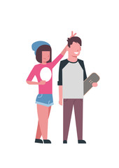 sister hold horns brother skateboard full length avatar on white background, successful family concept, flat cartoon vector illustration