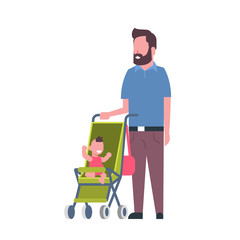 father beard with baby son in stroller full length avatar on white background, successful family concept, flat cartoon vector illustration