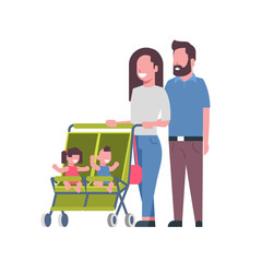 father mother baby twins double stroller full length avatar on white background, successful family concept, flat cartoon vector illustration