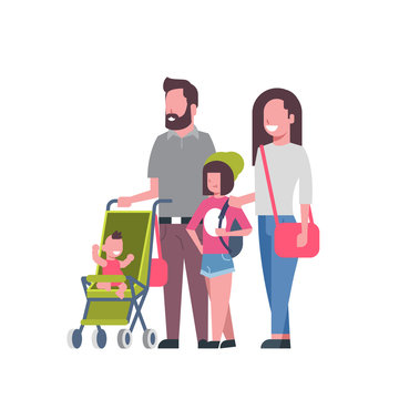 father mother daughter baby son in stroller full length avatar on white background, successful family concept, flat cartoon vector illustration