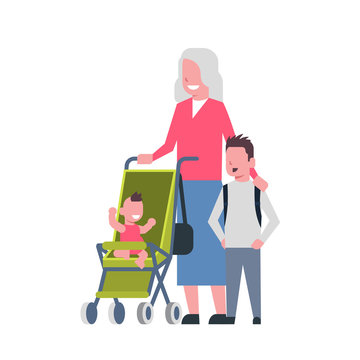 grandmother with baby grandchildren in stroller, multi generation family, full length avatar on white background, successful family concept, tree of genus flat cartoon design vector illustration