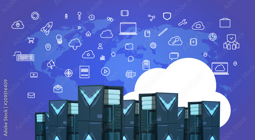 Poster data protection cloud synchronization servers center with hosting infographic, network and database,