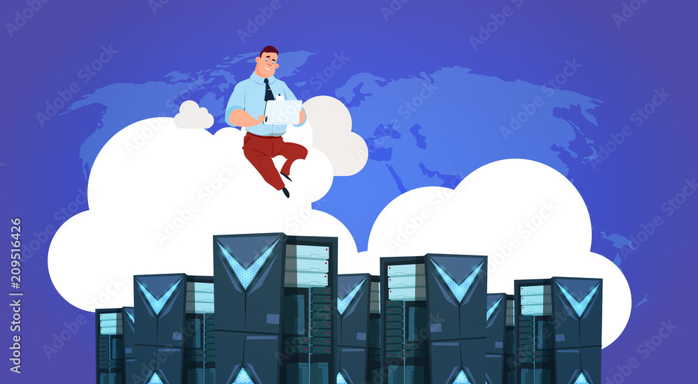 Poster man with tablet on data storage cloud synchronization center with hosting servers and staff. compute