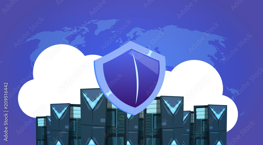 Poster shield over data storage cloud synchronization center with hosting servers and staff. computer techn