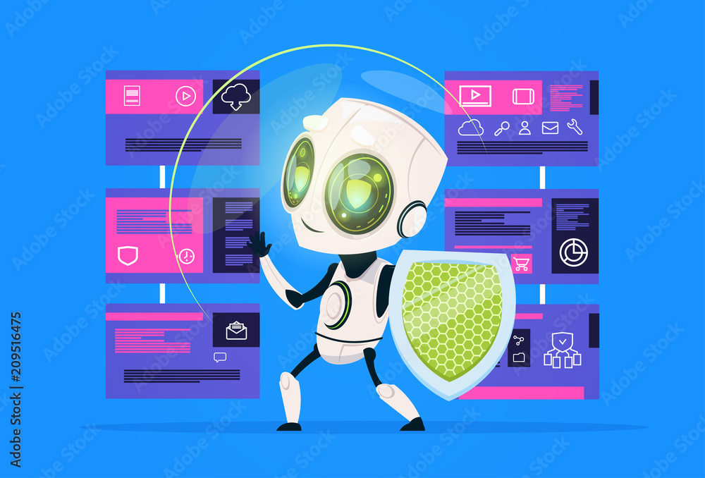 Poster robot hold shield data privacy computing center with hosting servers infographic, network and databa