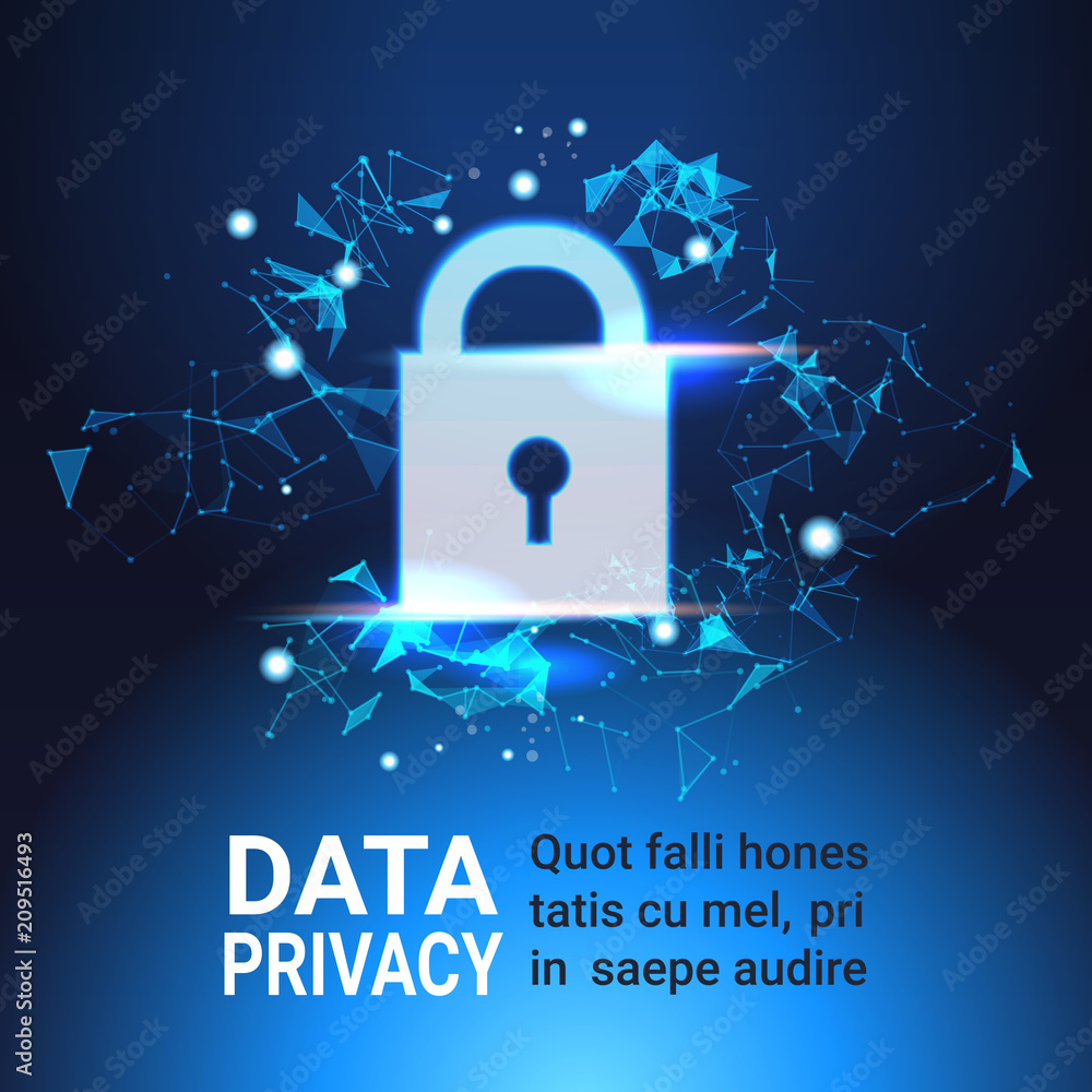 Poster padlock data protection privacy concept. gdpr. cyber security network background. shielding personal