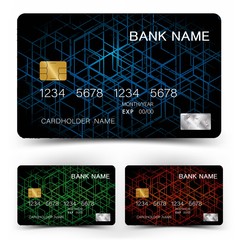 Credit card set . With inspiration from the abstract. Blue red and green color on white background. Vector illustration. Glossy plastic style.