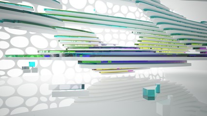 Abstract white and colored gradient glasses interior multilevel public space with window. 3D illustration and rendering.