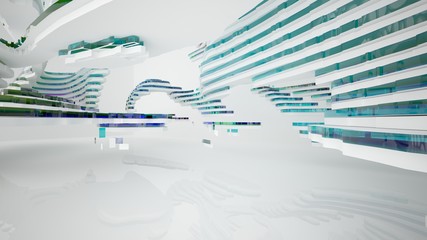 Abstract white and colored gradient glasses interior multilevel public space with window. 3D illustration and rendering.