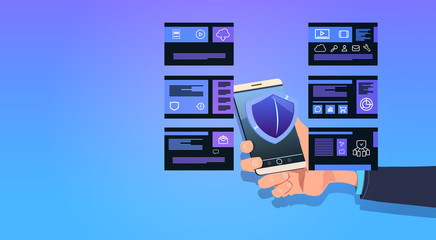 man hand hold smartphone shield data protection computing center with infographic, network and database, internet center, communication support, flat design, banner copy illustration