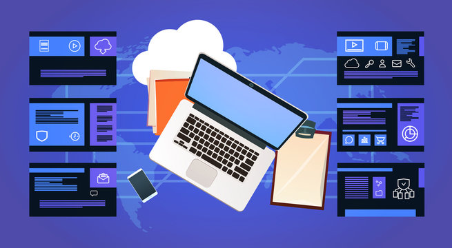 office desk laptop over data protection computing center with infographic, network and database, internet center, communication support, flat design, banner vector illustration