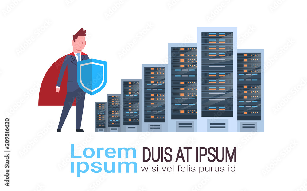 Poster man with shield on data storage center with hosting servers and staff. computer technology, network 