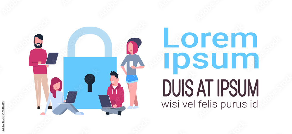 Poster people laptop over padlock data protection privacy concept. gdpr. cyber security network background.