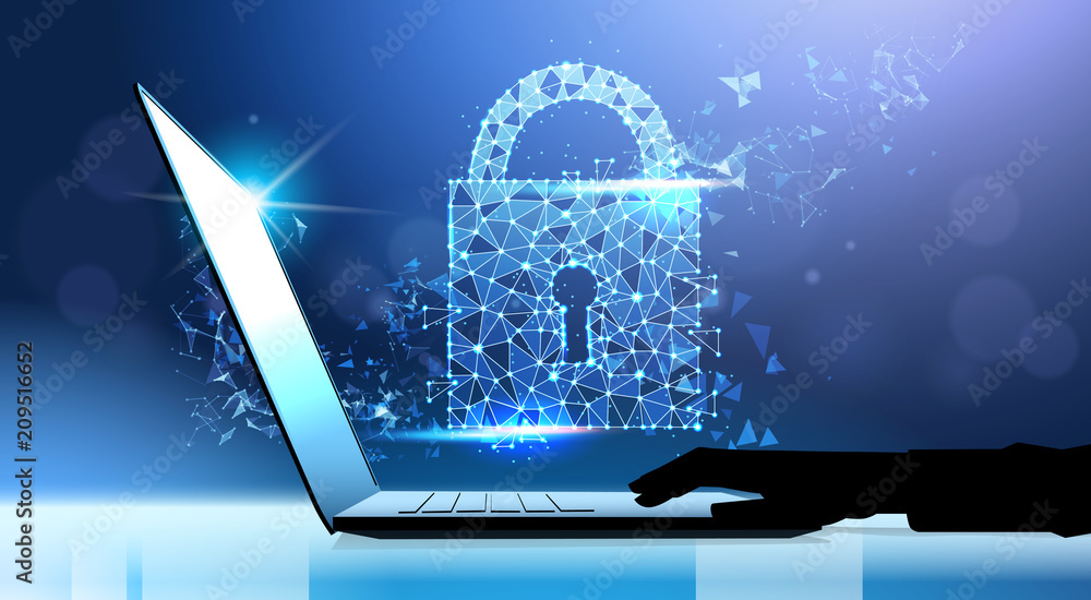 Aufkleber human hand laptop padlock data protection privacy concept. gdpr. cyber security network background. 