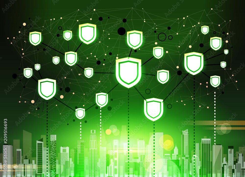 Poster shield over green cityscape data protection privacy concept gdpr cyber security network background. 