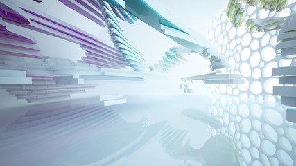Fototapeta premium Abstract white and colored gradient glasses interior multilevel public space with window. 3D illustration and rendering.