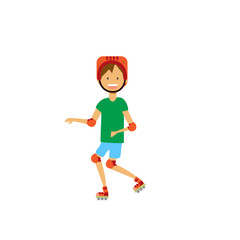 young boy rolling helmet elbow knee pads on white background. full length cartoon character. flat style vector illustration