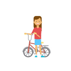 young girl hold bicycle on white background. cartoon character. full length flat style vector illustration