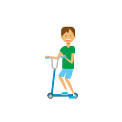 young boy riding kick scooter over white background. cartoon full length character. flat style vector illustration