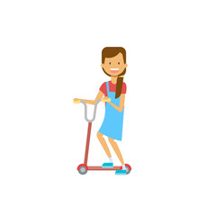 young girl riding kick scooter over white background. cartoon full length character. flat style vector illustration