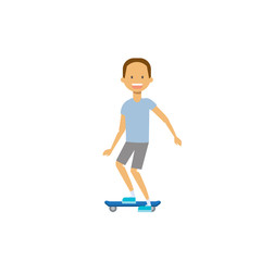 young boy riding electro scooter over white background. cartoon full length character. flat style vector illustration