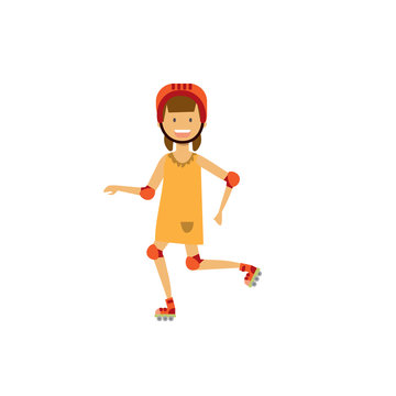girl kid wearing knee and elbow pads on white backgroung. full length roller ride. Flat style character vector illustration