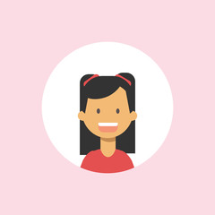 cute children face happy girl portrait on pink background, female avatar flat vector illustration