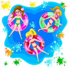 Obraz na płótnie Canvas Girls swim with an inflatable circle. Little girls are swimming with an inflatable circle