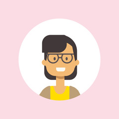 cute woman face happy girl glasses portrait on pink background, female avatar flat vector illustration